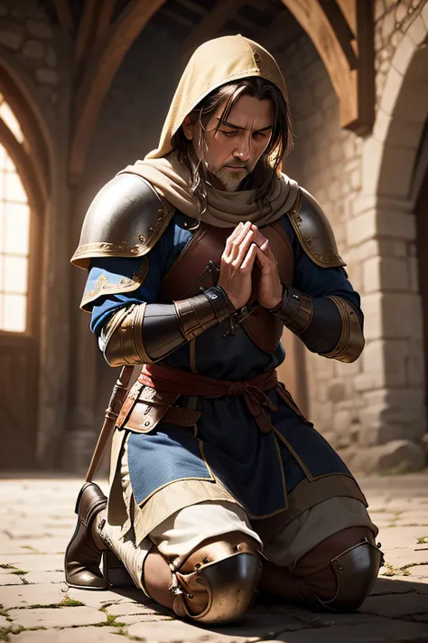 CREATE AN IMAGE OF A MIDDLE-AGED MEDIEVAL WARRIOR KNEELING PRAYING