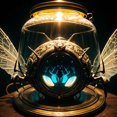 A close-up photograph capturing the intricate details of an Alien Fly Car Lamps luminous body, showcasing its translucent wings, delicate antennae, and the mesmerizing patterns of bioluminescent markings that adorn it. The soft, diffused light creates an e...