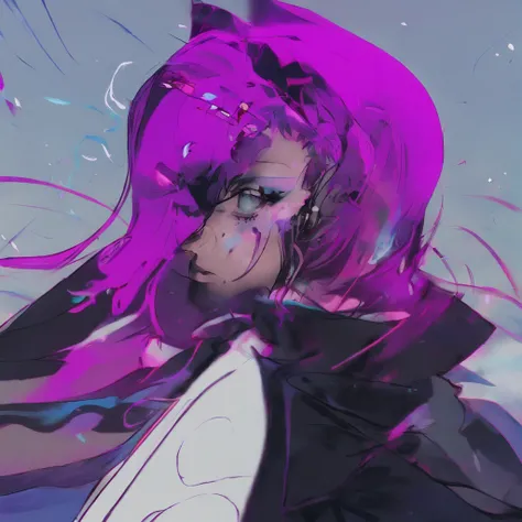 Asian Woman 32K（tmasterpiece，k hd，hyper HD，32K）Short flowing bright purple hair，Snow in winter，zydink， a color， Ancient Ascension （Female devil）， （Blood-colored scarf）， Combat posture， looking at the ground， short detailed hair， Floating bright purple， Fla...