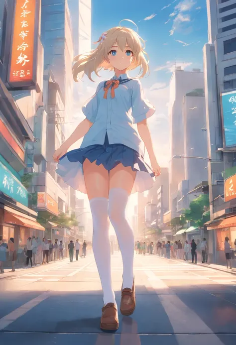 No shoes，Stand barefoot，Masterpiece，long whitr hair，extremely hyper，A giantess，In the city，Full limbs，Huge maiden，The face is delicate，White color hair，Double ponytail curls，blue color eyes，White Lolita，Long-range shots，white stockings