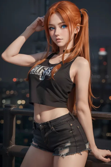 (8K, 4K, Highest quality, high resolucion, The ultra-Highres:1.1), (​masterpiece, Photorealistic: 1.1), 1girl, (german:1.2), (korean:1.1), 20 years old, (night cityscape), (blurry background), (sleeveless black t-shirt), (black denim shorts), (extremely de...