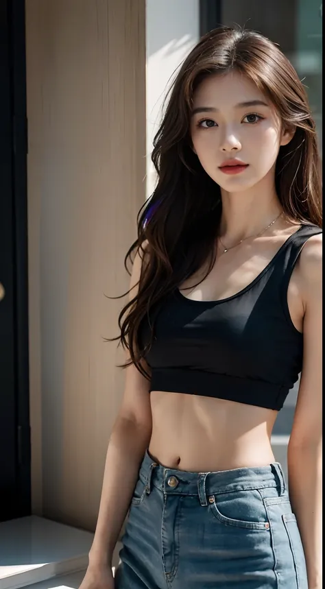 ((Minimal Breast,tomgirl,small head)), (well-defined abs: 1.1), (perfect bodies: 1.1), (waved hair: 1.2), gradation hair、Russet Hair, collars, chain, Full body photo, Crowding Street, wearing a black tank top，校服，（（short trousers）），（Highly detailed CG 8K wa...