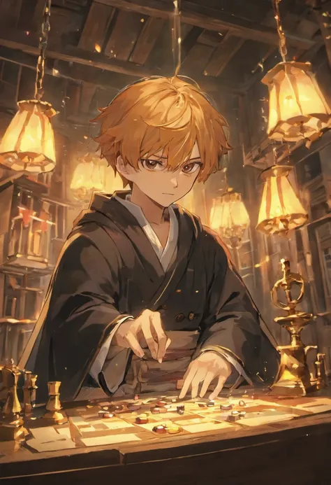 （tmasterpiece，best qualtiy），A man in a cloak at the table，There are dice and candlesticks on the table，Dim Room，anime