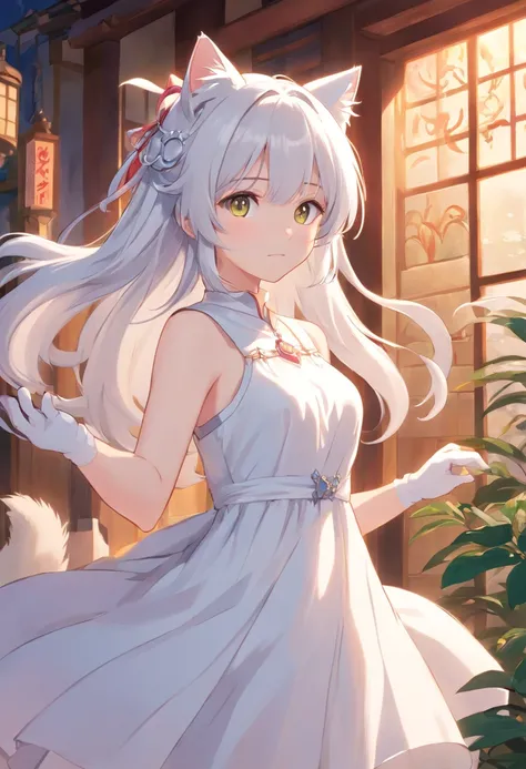 There are cat ears on the head, white dresses， silber hair, cute anime waifu in a nice dress,, White-haired god, gray-haired girl, Perfect girl with white hair, whaite hair, Flowing white hair，Full limbs