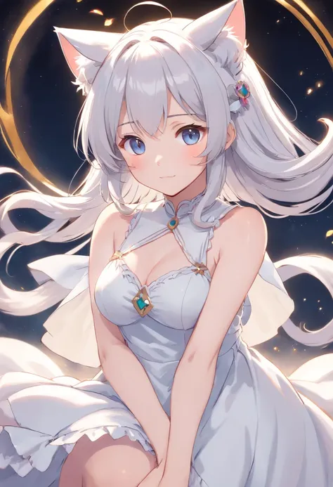 There are cat ears on the head, white dresses， silber hair, cute anime waifu in a nice dress,, White-haired god, gray-haired girl, Perfect girl with white hair, whaite hair, Flowing white hair，Full limbs