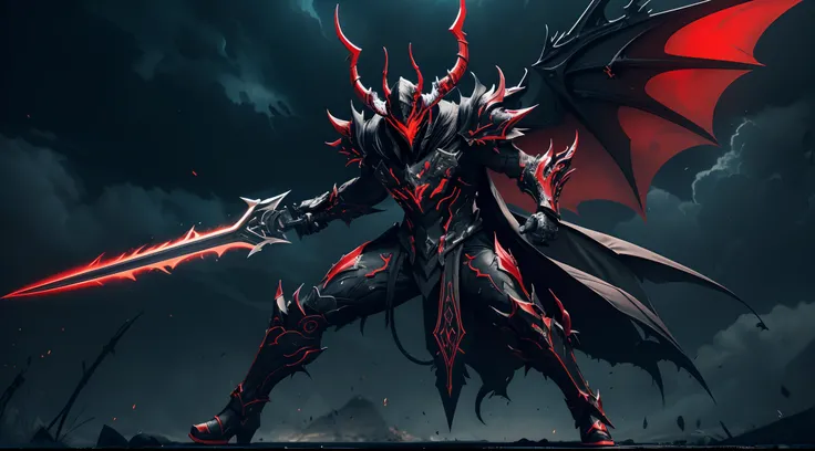 (Demon Lucifer in a Warframe style armor with a black sword), (Red and white color scheme with neon yellow linings), (Three pair of horns with black bat wings), metallic coating, (thunderous sky at night background), centered, (full body shot), (dynamic ac...