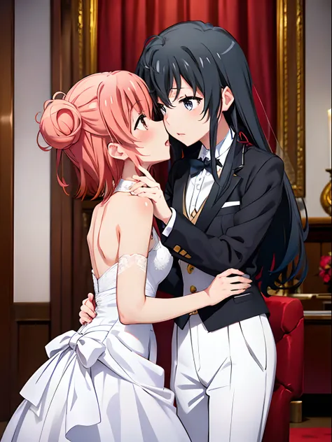 Yukinoshita Yukino wears tuxedo and marriage of her wife yuigahama Yui in wedding dress, kissing, Yuri, 2 girls,