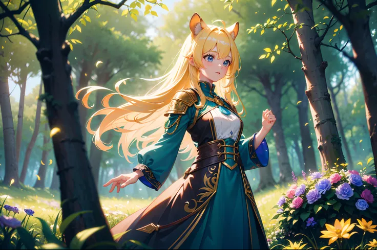 masterpiece, 1beautiful girl, with long hair and guild adventurer clothes, she is in a beautiful ([woodland setting]), {([she is in interaction with the elements of the setting])|+([3D space composition ]):1.2}!  {The setting is: (fareground/ bright leaves...