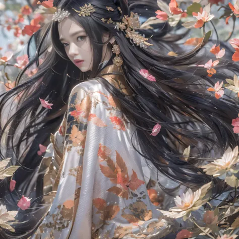 32K（tmasterpiece，k hd，hyper HD，32K）Long flowing black hair，ponds，zydink， a color， Aozhou people （Concubine girl）， （Silk scarf）， Combat posture， looking at the ground， long whitr hair， Floating hair， Carp pattern headdress， Chinese long-sleeved clothing， （a...