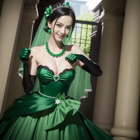 emerald tiara, Green Pearl Necklace, Boyish very short black hair, lipsticks, Japan woman smiling, Long green gloves made of satin material, very short short hair, fist, big breasts beautiful, Green eyes