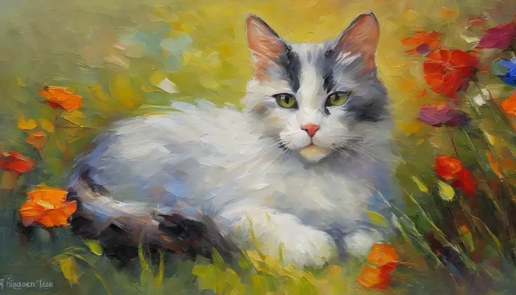 ​masterpiece、top-quality、Impresionismo,Artistic painting of cute cat