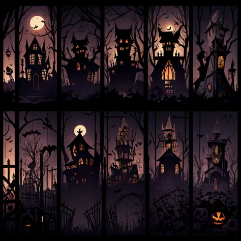 a spooky Halloween vector background set in a haunted house, with cobwebs, bats, and eerie portraits