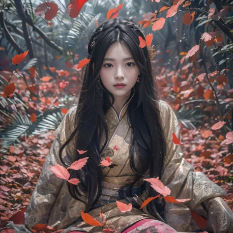 32K（tmasterpiece，k hd，hyper HD，32K）Long flowing black hair，ponds，zydink， a color， Aozhou people （Concubine girl）， （Silk scarf）， Combat posture， looking at the ground， long whitr hair， Floating hair， Carp pattern headdress， Chinese long-sleeved clothing， （a...