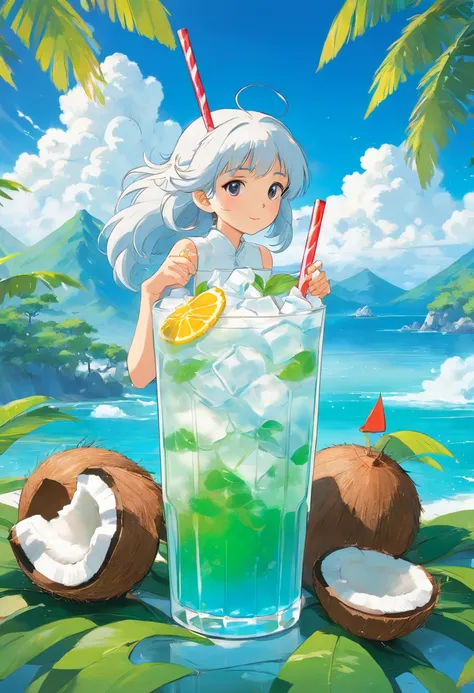 (Chinese beauty) A soft drink made of coconut juice, ice cubes, and coconut juice. Milky white turns white. Very cool. There are colored straws and ice cubes, placed on green leaves, outdoors, a clear blue sky, beautiful clouds