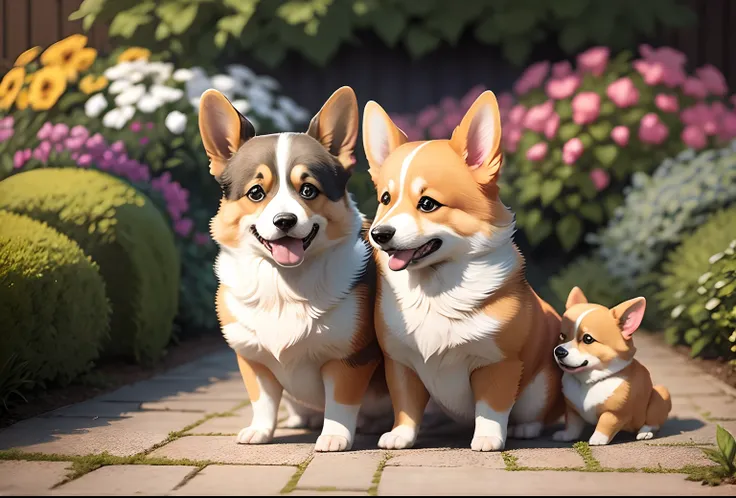 3 Corgi dogs playing together in a garden, comic book illustration, highly detailed, high contrast, ultra sharp