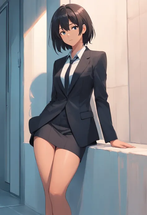 8K delicate perfect true 2D hair long eyes black young mature woman wearing suit black, legs dressed in black silk, delicate face, Figure mature（photo du corps entier）Leaning against a white wall, looking ahead, son visage est froid