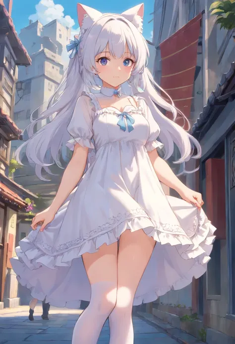 No shoes，Stand barefoot，Masterpiece，long whitr hair，extremely hyper，A giantess，In the city，Full limbs，Huge maiden，The face is delicate，White color hair，Double ponytail curls，blue color eyes，White Lolita，Long-range shots，white stockings，There are cat ears o...