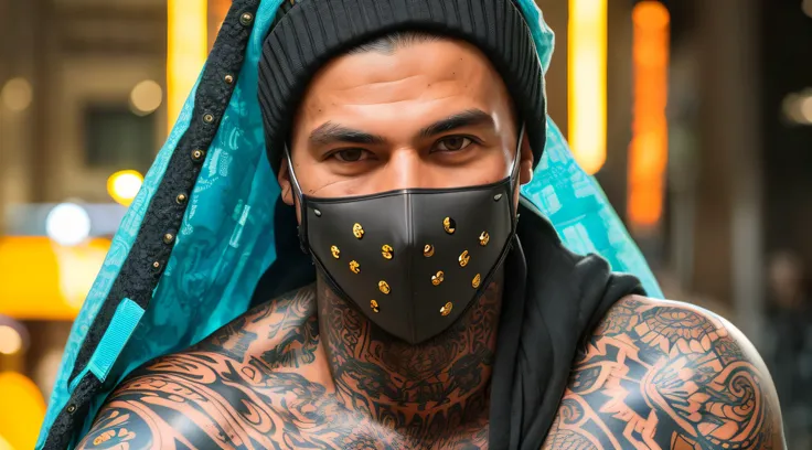 Tattooed man with a mask, 1boy, look into the camera, bank robbery, counting money, neon hair, masterpiece, best quality, highres, UHD, depth of field, 4k, RTX, HDR), hyper realistic, 8k UHD, DSLR, high quality, Cinematic light, Amazing, ray trace, realist...