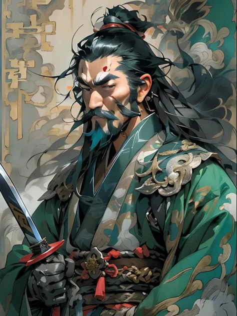 (((China-style，Ink painting method，Half-length portrait，Intense color，Han dynasty, China，Hanfu，Armor，Guan yu，Guan Yunchang，of a guy，Ruddy killing square face，Hold the Blue Dragon Moon Knife in his right hand，Stroke your beard with your left hand，Long hair，...