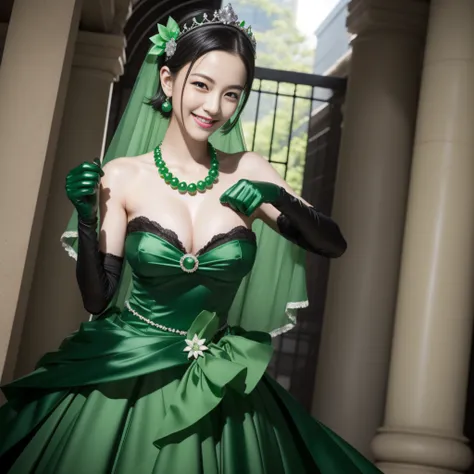 emerald tiara, Green Pearl Necklace, Boyish very short black hair, lipsticks, Japan woman smiling, Long green gloves made of satin material, very short short hair, fist, big breasts beautiful