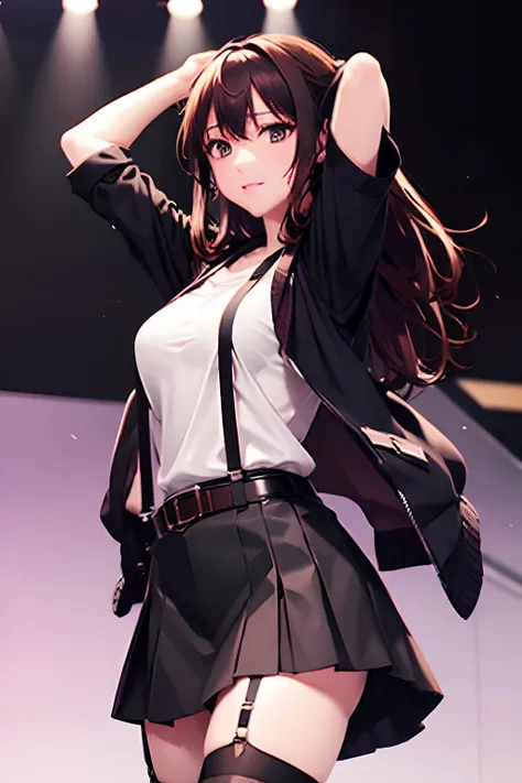 Ikuda Rira black skirt, 　suspenders, Brown hair Gray eyes, Garter belt on the legs, Tight black clothes, 　　 a belt　Armpit sweat　　Dark look　Moderately breasts　holster　chain　　poneyTail