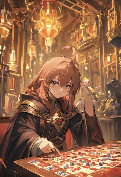 （tmasterpiece，best qualtiy），A man in a cloak at the table，There are twenty faces of dice and candlesticks on the table，Dim Room，anime big breast