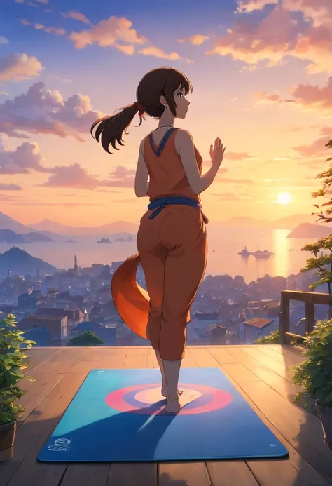 (best quality,4k,8k,highres,masterpiece:1.2),ultra-detailed,(realistic,photorealistic,photo-realistic:1.37),Sky at dawn,silhouette,[woman],[doing yoga],[30-year-old],(yoga mat),ethereal sensation,postures.