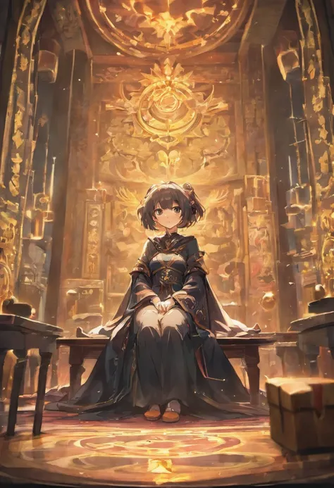 （tmasterpiece，best qualtiy），A man in a cloak at the table，There are twenty faces of dice and candlesticks on the table，darkened room，anime big breast