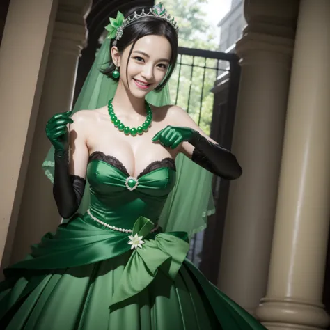 emerald tiara, Green Pearl Necklace, Boyish very short black hair, lipsticks, Japan woman smiling, Long green gloves made of satin material, very short short hair, fist, big breasts beautiful, verd s eyes