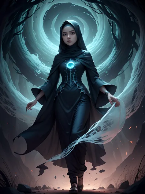 Design an eerie and intriguing digital artwork that places a Malay girl in hijab as a ghostly guardian of an ancient, haunted mansion, surrounded by ethereal spirits and mysteries