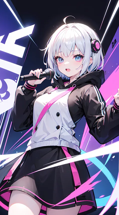 An AI girl named Suno, vtuber, idol, short white hair, wearing a black and white outfit, anime, happy, winking, singing, cyberpunk anime girl in hoodie, holding a mic, stage performance, banner in the background, futuristic digital background