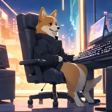 Master Parts, corgi, matrix style, Black coat, Type with the keyboard, Sitting in the chair in front of the MAC, Lunette de soleil, Dynamic Angle, Best Quality, 4K,