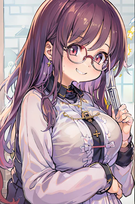 masutepiece, Best Quality, 1girl in, Sharp eyes,  Smile,rocket launcher、big round glasses,nuns uniform,saint’s clothes