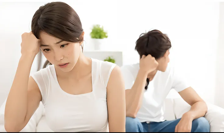 there is a woman sitting on a couch with a man in the background, ad image, half image, beginner, struggling, emotional conflict, devastating, debilitation, looking partly to the left, unhappy, still image, couple, sad feeling, concerned, japanese, controv...