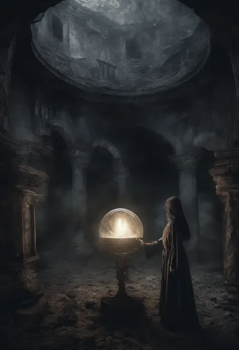 (a girl, Nostradamus),(crystal ball:1.2),(mysterious candle-lit cave),(nighttime),(prediction),(secrets),(magic),(atmospheric lighting),(intrigue)