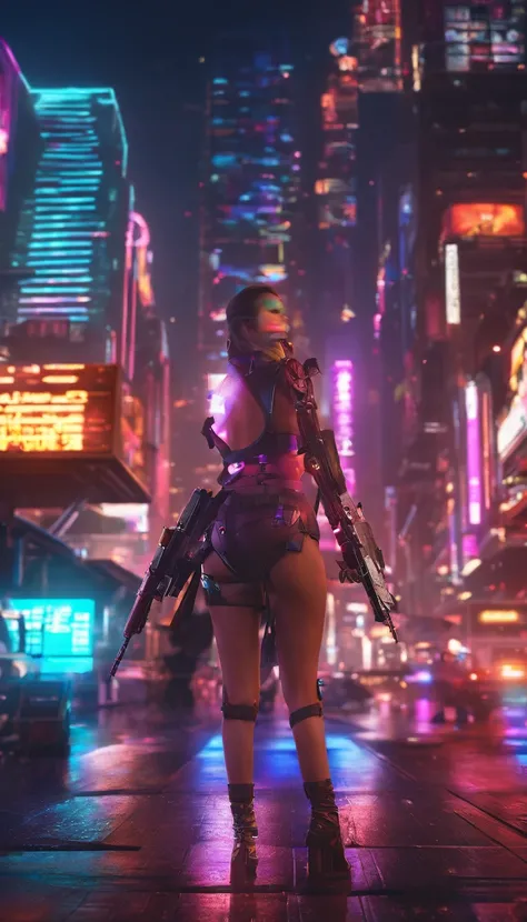 Cyberpunk style female warrior，demihuman, Semi-mechanized female warrior，Combat posture，majestic-looking，The feeling of moving forward，Stunning colors，Set in a futuristic cyberpunk style city，the street，The city crowd was packed，（Movie lighting），（light and...