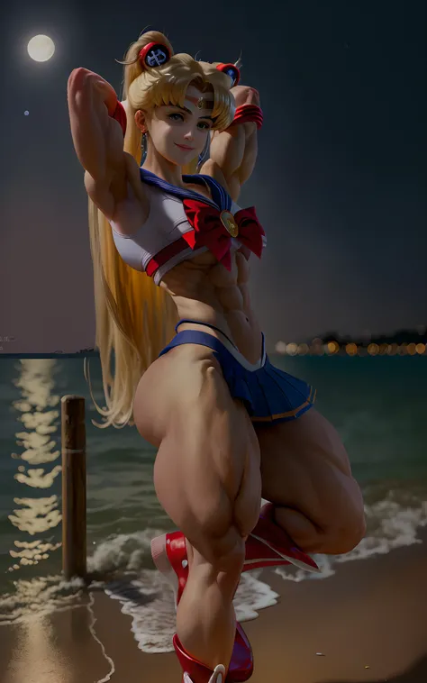 Dark background, seaside, nigh sky, Super Blue Moon, (((Sailor Moon))), Tsukino Usagi, Pose to show armpits by raising both hands, Gentle and pretty face, Smile, (a blond, Twin-tailed hair), Bare arms, Arms behind your head, ((a sailor suit, a miniskirt)),...