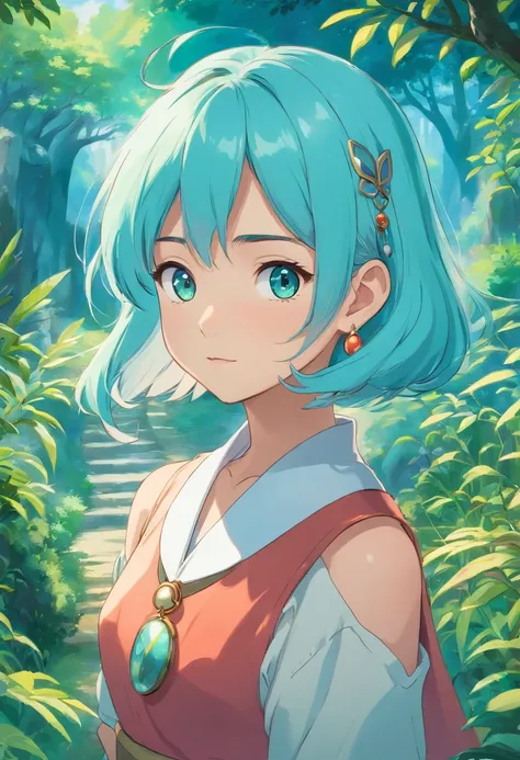 a girl wearing an anime collar,long necklace and earrings, tranquil gardenscapes, colorful animation stills, Masami Teraoka, aquamarine, Paul Gauguin, Embry style, honest portrayal, (best quality:1.2), ultra-detailed, (realistic:1.37), HDR, UHD, studio lig...