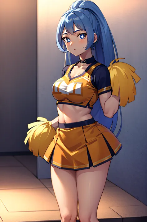 nejirehadou, nejire hadou, blue eyes, blue hair, long hair, break cheerleader, crop top, holding pom poms, midriff, navel, orang...