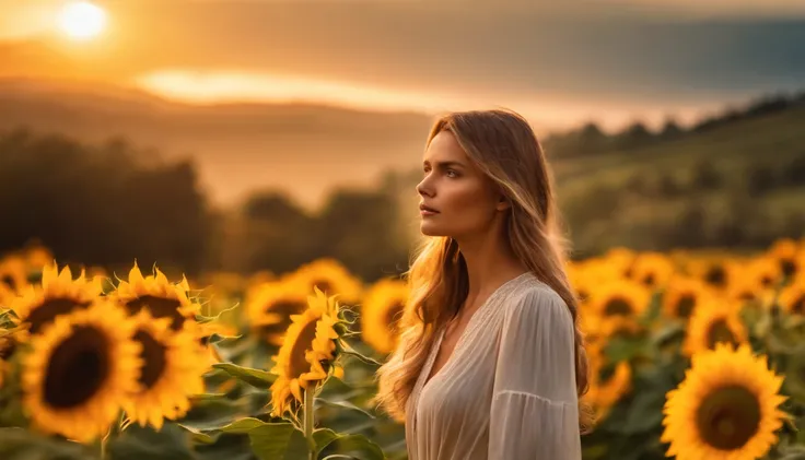 best quality,master part,ultra high-resolution,fotorrealista,Foto RAW,Unity 8k papel de parede, panorama, Cinematic lighting, In the garden of sunflowers, Sunset, luz solar fraca, golden hour lighting, Backlighting, blurry background, (Reflexo da lente), v...