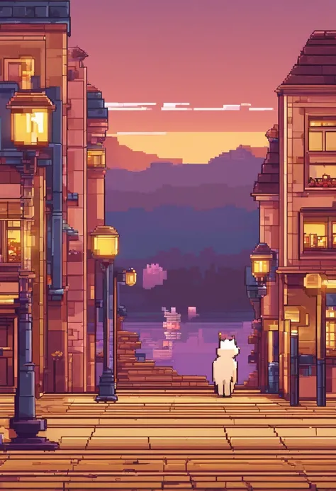 gatinho em foco, paisagem detalhada, cidade noturna, luzes da cidade, detalhes ultra definidos, completamente em pixel art,