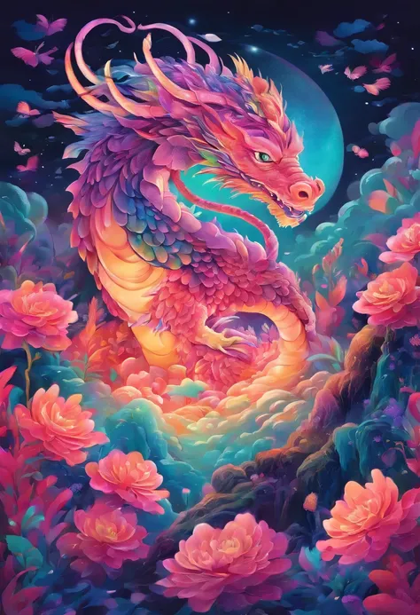 Best Quality, ​masterpiece, (ground:1.5), Cute gradient Asian dragon, Iridescent bird with kind eyes, florals, ground, landscapes, plant, isometric, beautiful concept art