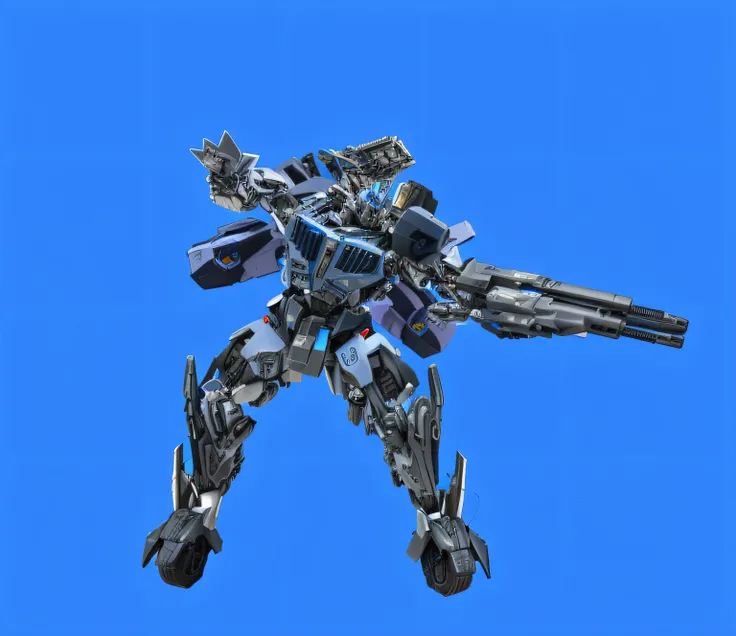 Close-up of robot with gun on blue background, In the movie《Transformers》Curly, transform, dark grey decepticon mech, anime large mecha robot, tremendous mecha robot, Transformers!!!!!!!!!!!!!, transformers movie style tech, war robot, Full body mecha, Fro...