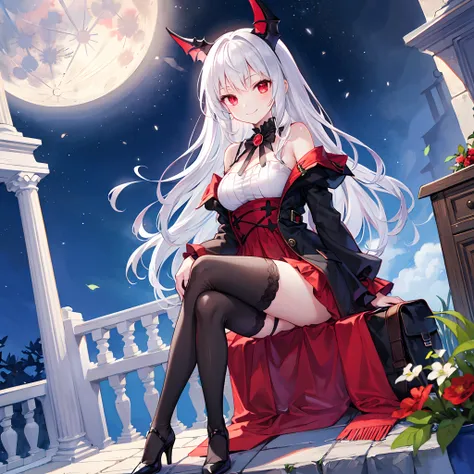 white  hair、red eyes、Beautiful girl alone、A smile、a moon、Vampire、sitting on、Black tights