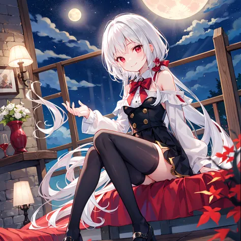 white  hair、red eyes、Beautiful girl alone、A smile、a moon、Vampire、sitting on、Black tights