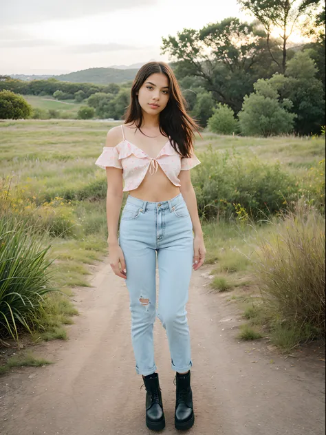 Young Girl, Front View, Scene fashion, Full Body, Looking At The Camera, Natural Landscape