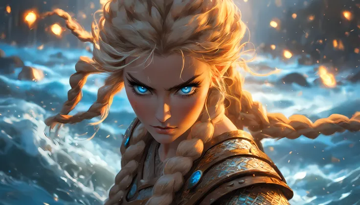 (best quality,highest,ultra-detailed:1.2)
beautiful viking lady, armor erotica with golden frills, long braided hair, blue glowing eyes, angry face, in battle, battle in the river, sunlight, light particles, dead bodies in the river, style of Tyler Shields...