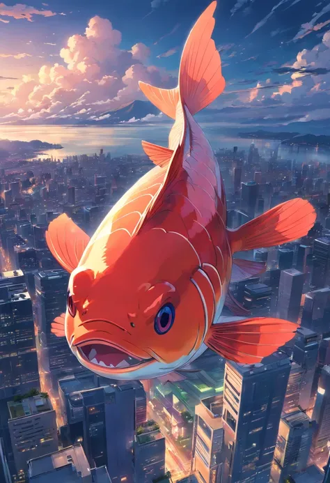 1 huge fish,variation,red - eyed,Floating in the sky,Overlooking the city,((Clouds))，The end of the world，terrifed，cinematic ligh，Photo,