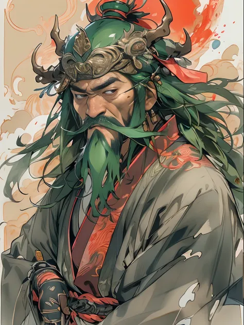 (((China-style，Ink painting method，Half-length portrait，Intense color，Han dynasty, China，Hanfu，Armor，Guan yu，Guan Yunchang，of a guy，Ruddy killing square face，Hold the Blue Dragon Moon Knife in his right hand，Stroke your beard with your left hand，Long hair，...