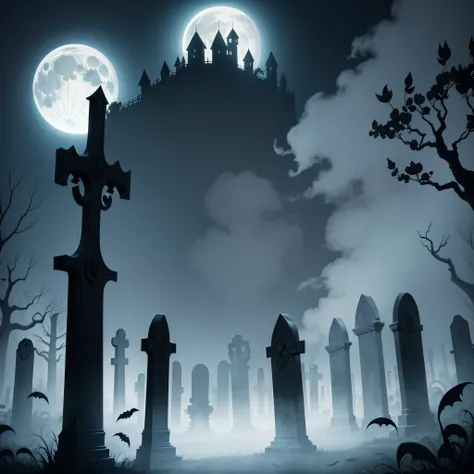 a Halloween vector background set in a ghostly graveyard, featuring spectral apparitions under a foggy moon